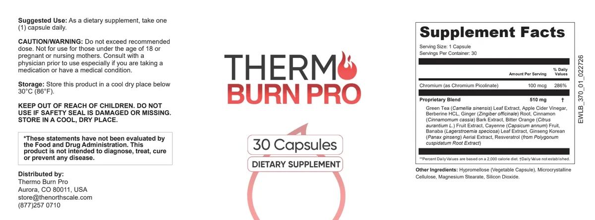 Thermo Burn Pro Supplement Facts label, full panel